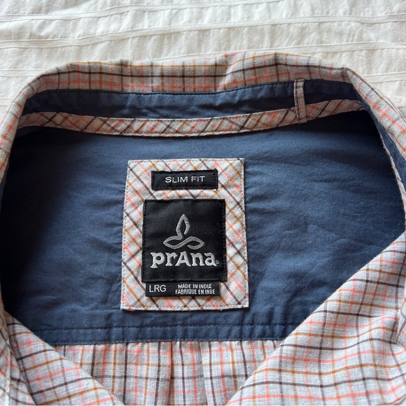 prAna Lukas Slim Fit Button Down Short Sleeve Shirt in Brown and Orange Plaid, L - Picture 6 of 7